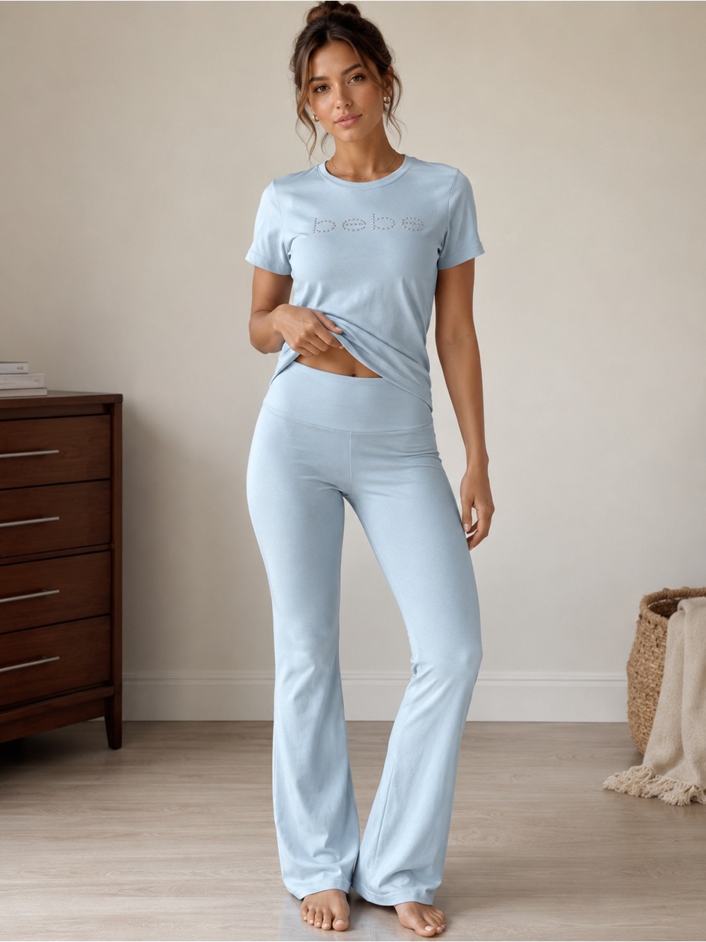 bebe Sky Blue Rhinestone Logo Tee with Matching Lounge Pants